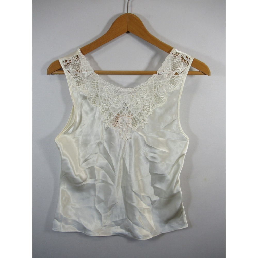 Cliche Shiny Satin Camisole Tank Top Women Medium Ivory Lace Sleeveless